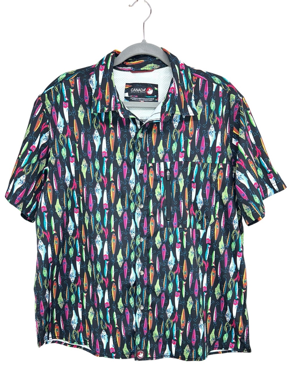 Canada Weathergear Fish Print Short Sleeve Button Down Breathable Shirt Large